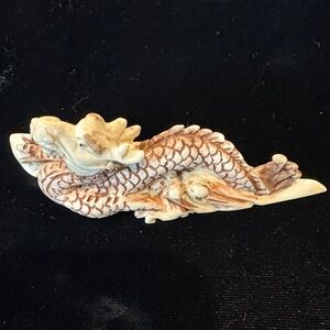 Intricately Carved Bone/Faux Ivory Signed Dragon Netsuke